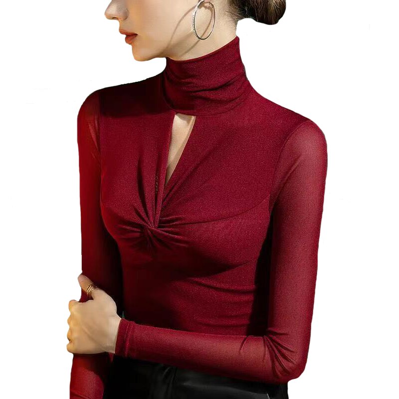 Slim V-Neck Stretch Turtleneck Top