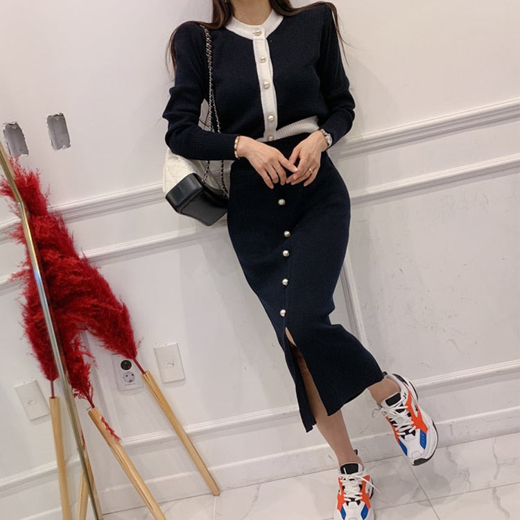 Splitting Knitted Pencil Skirt Suit