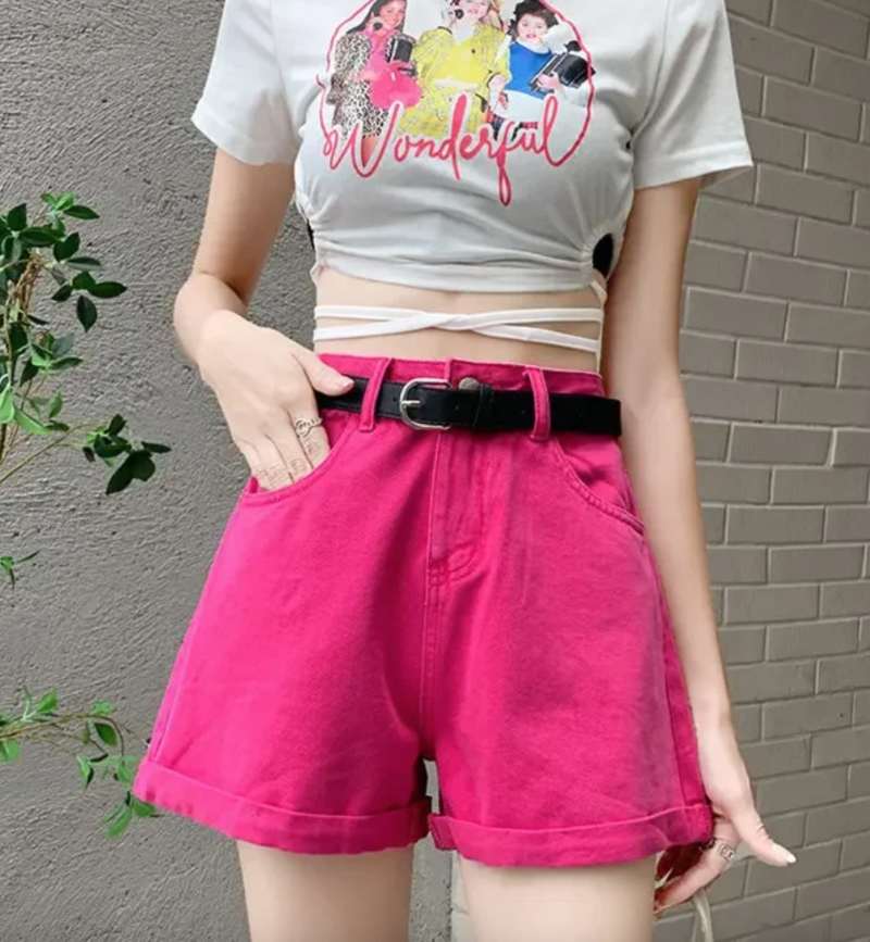 Cuffed Design Belt Denim Shorts