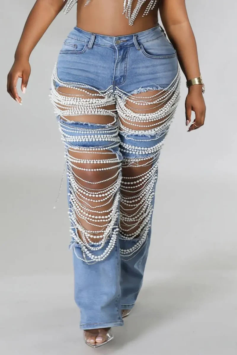 Chic Cutout Pearls Denim Jeans