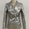 High-end Lion Buttons Silver Leather Blazer