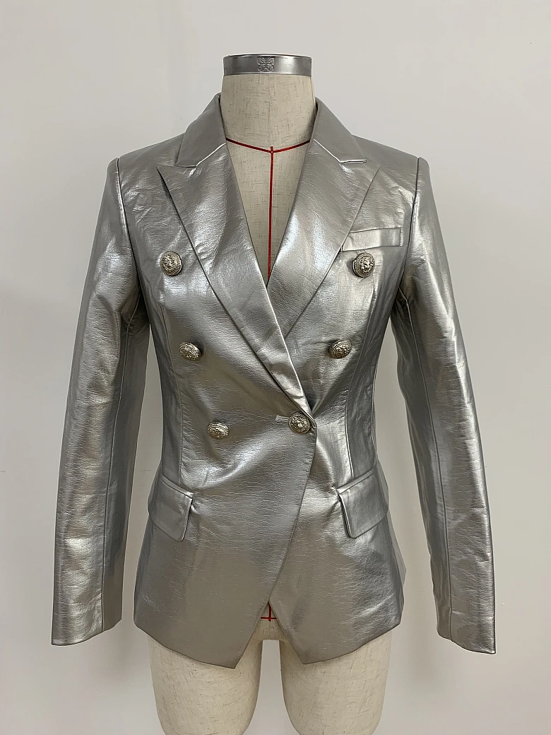 High-end Lion Buttons Silver Leather Blazer