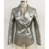 High-end Lion Buttons Silver Leather Blazer