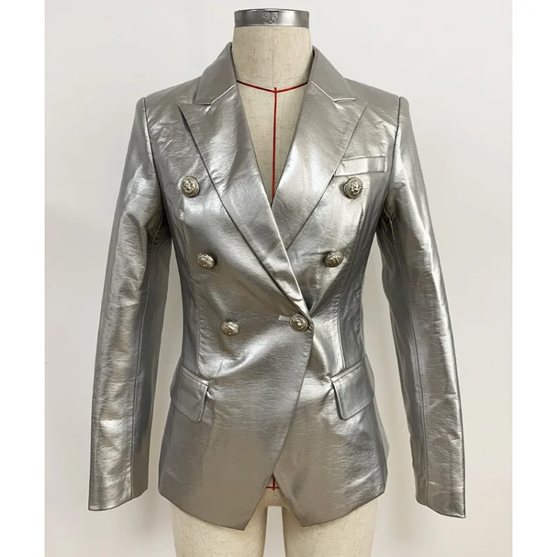 High-end Lion Buttons Silver Leather Blazer