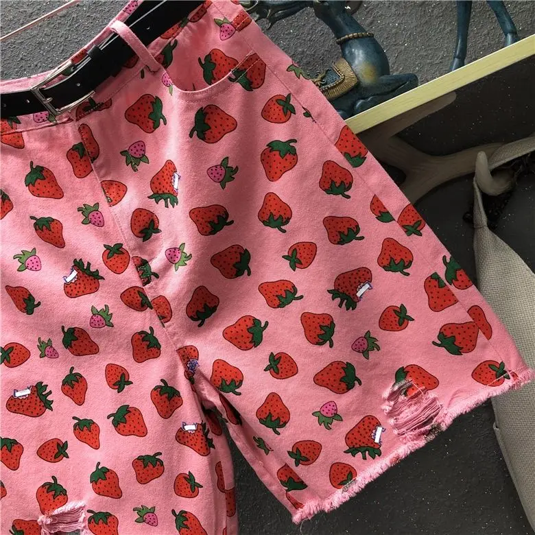 Pink Strawberry Denim Shorts