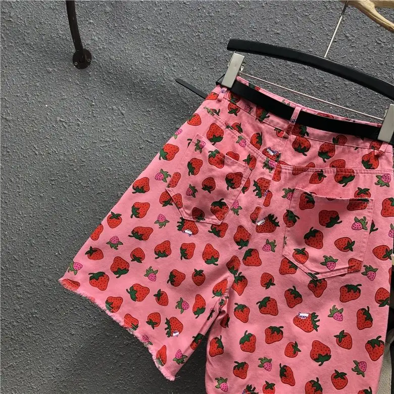 Pink Strawberry Denim Shorts