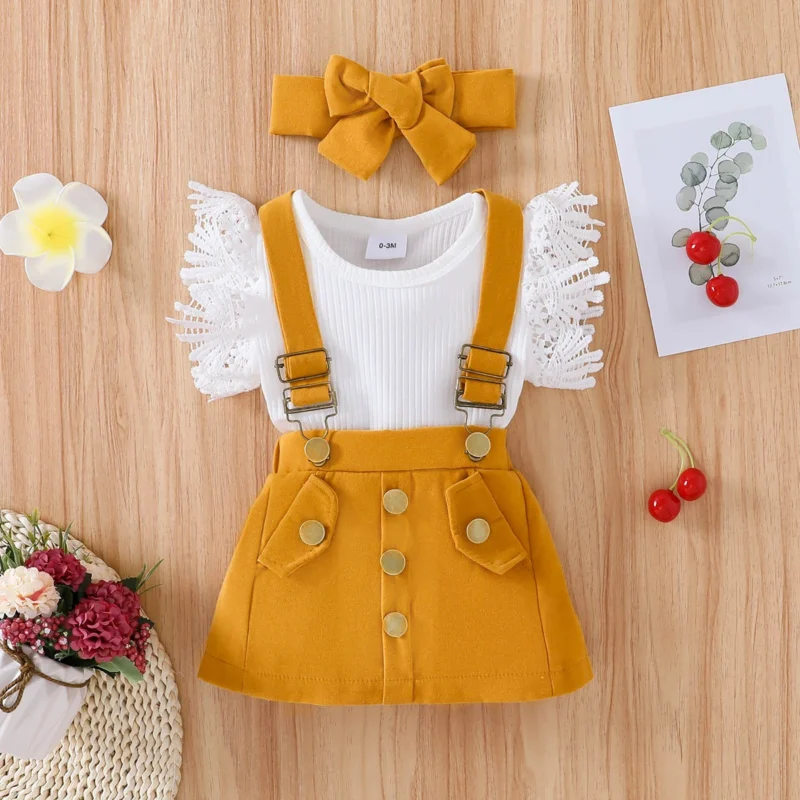 3Pcs Baby Girl Suspender Skirt Set