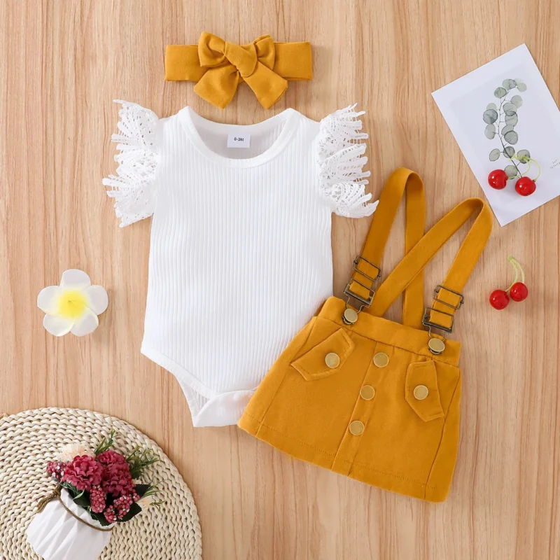 3Pcs Baby Girl Suspender Skirt Set