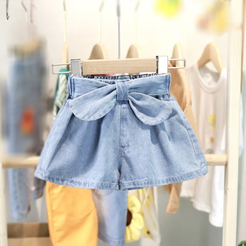 Girls Cute Bow Denim Shorts Skirt